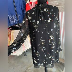 H&M Black Whimsigoth Floral Long Sheer Sleeve Dress Size 10